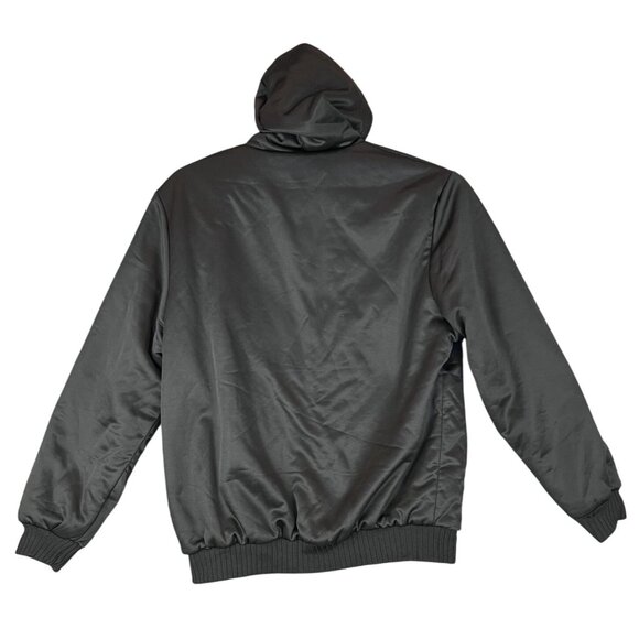 Mens L Hooded Bomber Jacket Black Lined Full Zip Winter Ribbed Hem Warm Pockets - Picture 2 of 7